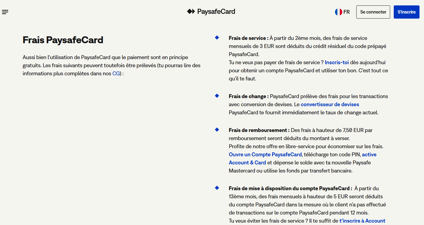 Aperçu des délais rapides et des éventuels frais d'inactivité liés à Paysafecard.