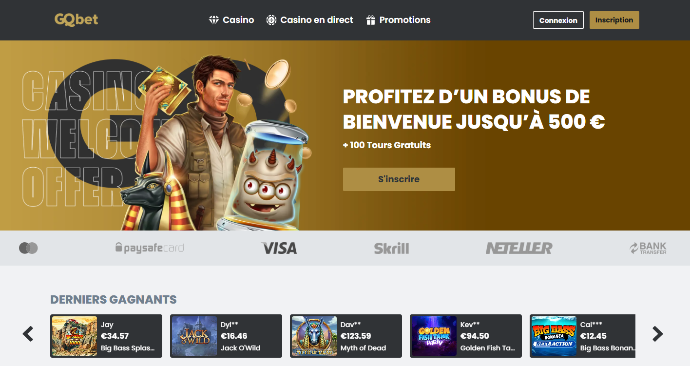 Aperçu de la plateforme GQBet Casino proposant des paiements sécurisés via Paysafecard.