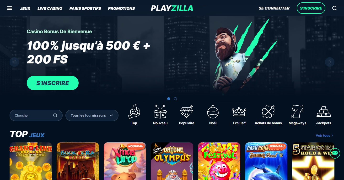 Découvrez l'interface du casino Playzilla offrant de nombreux jeux et bonus attractifs.